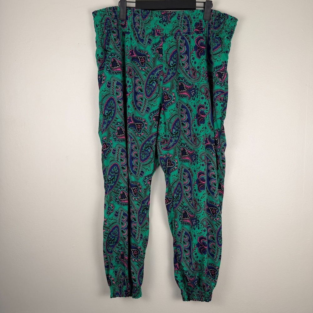 Aerie Pant Women XL Green Paisley Print Relaxed Fit Elastic Waist Pull On Casual